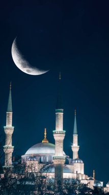 Mavi Cami ve Hilal Ay. Ramazan konsepti dikey görüntü. Laylat al-Qadr veya kadir gecesi kavramı.