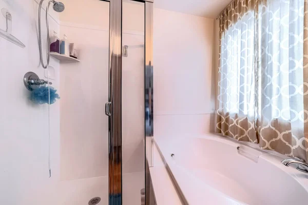 Wohn-Badezimmer mit eingebauter ovaler Badewanne und Duschkabine an der Ecke — Stockfoto