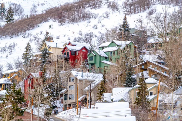 Beyaz kar manzarasına karşı canlı evleri olan bir dağ mahallesi. — Stok fotoğraf