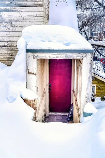 Fioletowe drzwi piwnicy domu pośród kopców świeżego białego śniegu w zimie — Zdjęcie stockowe