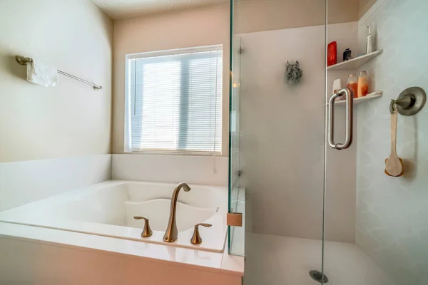 Wanna obok kabiny prysznicowej ze szklaną ścianą i drzwiami wewnątrz łazienki mieszkalnej — Zdjęcie stockowe