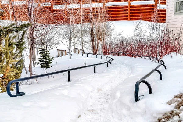 Camino con pasamanos metálicos cubiertos con gruesa capa de nieve blanca en invierno — Foto de Stock