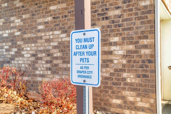 Vous devez nettoyer après la signalisation de vos animaux avec un mur de briques de fond de bâtiment — Photo