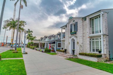Long Beach California 'da palmiye ağaçları ve güzel evlerle dolu bir yol.