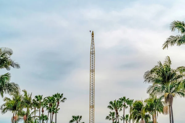 Long Beach California 'da bulutlu gökyüzüne karşı metal kule ve gür palmiye ağaçları — Stok fotoğraf