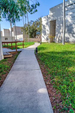 Çimenli arazide yol San Diego California 'da bir okulda binalara çıkıyor.