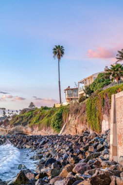 Palmiye ağaçları ve evler gökyüzüne karşı okyanus ve günbatımı ile San Diego California 'da