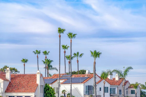 Rode tegeldaken van huizen met zonnepanelen tegen troebele blauwe lucht en palmbomen — Stockfoto