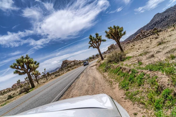 Veículos na estrada ao longo de Joshua Tree Califórnia com árvores Joshua e montanha — Fotografia de Stock