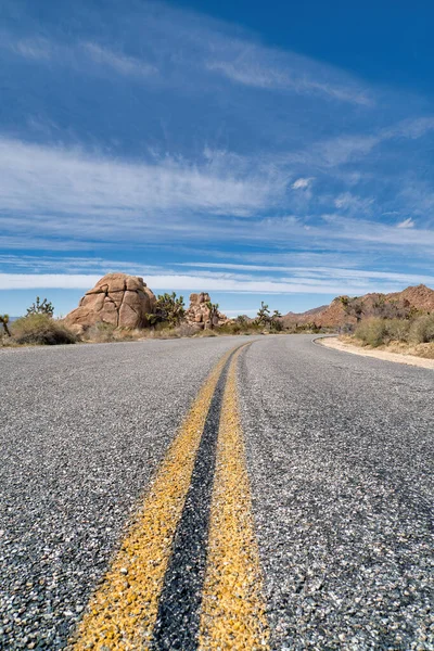 Road at Joshua Tree National Park amidst huge rocks and Joshua tree plants — Stock Photo, Image