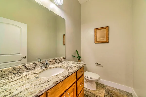Ванная комната с туалетом рядом с мраморной столешницей с шкафами и овальной раковиной — стоковое фото