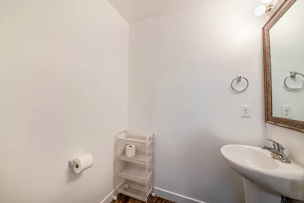 Ράφι τοποθετημένο σε τροχό μέσα σε μπάνιο με χαρτί τουαλέτας — Φωτογραφία Αρχείου