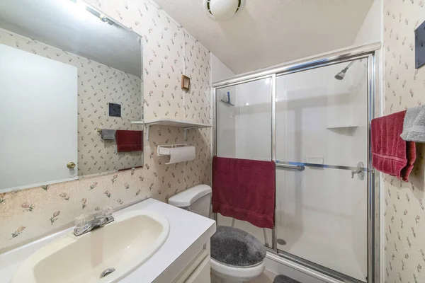 Intérieur salle de bains avec motif floral rose papier peint design et cabine de douche avec verre et aluminium — Photo