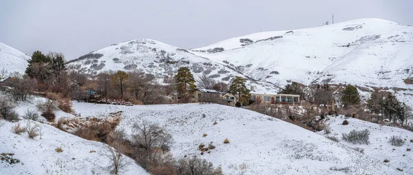 Verschneiter Berg mit Bäumen und Dorfhäusern in der Mitte — Stockfoto