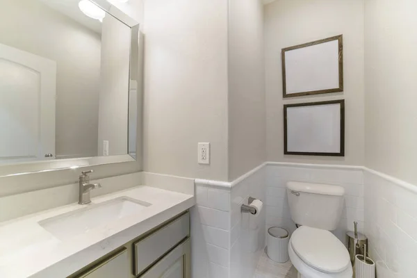 Dolabı ve aynası olan lavabosu olan bir banyonun içi. — Stok fotoğraf