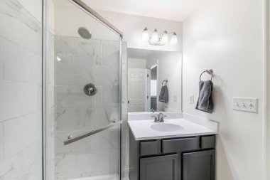 Banyo içi gösterişli lavabo ve köşedeki duş kabini.