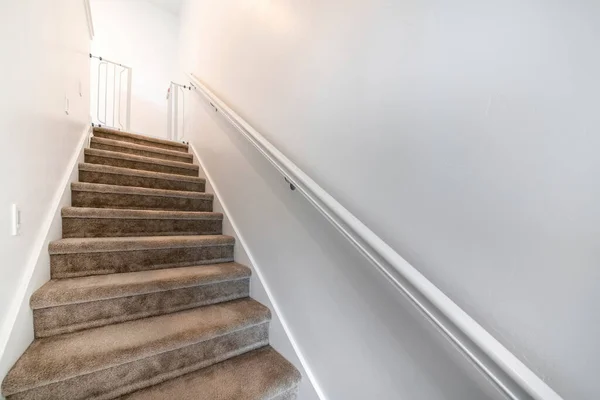 Подвальная лестница с ковровыми лестницами и настенными поручнями на белой стене — стоковое фото