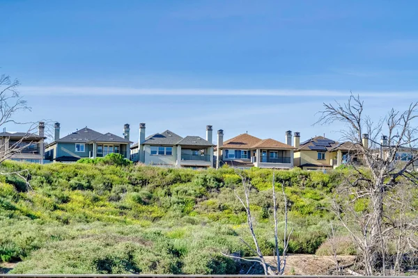 Casas en medio de exuberante follaje verde y cielo azul en Huntington Beach California — Foto de Stock