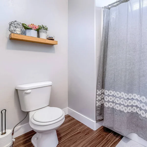 Toilettes carrées et étagère murale avec ornements et plantes à l'intérieur salle de bain propre de la maison — Photo