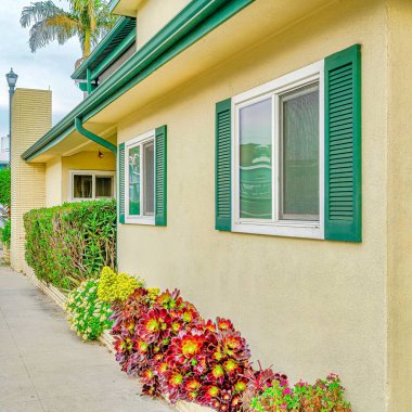 Long Beach California 'nın dışındaki Square Home' da beyaz duvar ve yeşil pencere panjurları var.