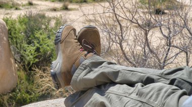 Joshua Tree Ulusal Parkı California 'da kayaların üzerinde dinlenen Pano Feet of Man