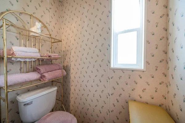 Wnętrze łazienki z różowym i złotym akcentem — Zdjęcie stockowe