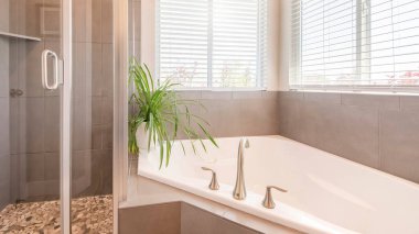 Pencereleri, küveti ve camlı duş kabini olan bir banyo.