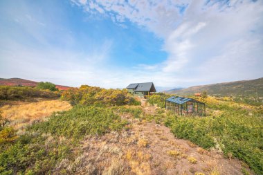 Geniş bir çalılık ve çimlerin ortasında cam serası olan iki katlı büyük bir ev.