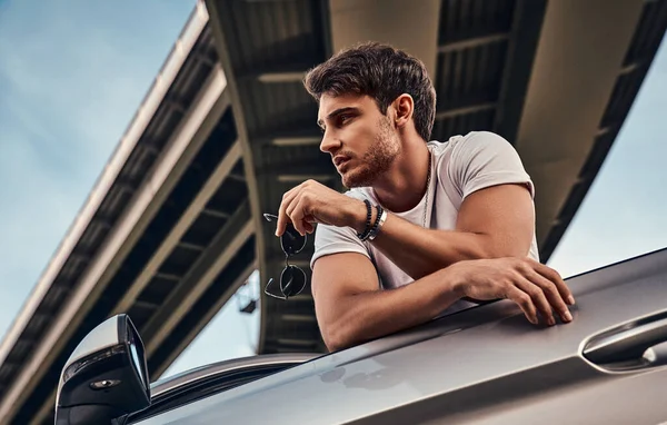 Handsome Young Man Casual Clothes Standing His Modern Sport Car — Stock Photo, Image