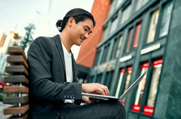 Asian Businessman City Confident Young Man Suit Sitting Bench Working Stock Image