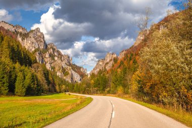 Sonbaharda bir dağ vadisinde kayalık bir vadiden geçen yol. Mala Fatra Ulusal Parkı 'ndaki Vratna Vadisi, Slovakya, Avrupa.