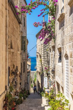 Korcula, Hırvatistan - 11 Temmuz 2024: Korcula adası. Taştan binalar, canlı çiçekler ve uzak okyanus manzaralı Avrupa geçitleri, keşif ve keşiflere davetiye çıkarıyor..