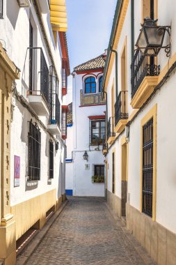 Cordoba, İspanya - 7 Eylül 2024: Beyazlatılmış binalar arasındaki kaldırım taşı geçidi. Balkonları ve süslü detayları olan geleneksel mimari.