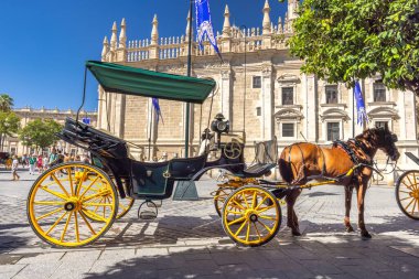 Seville, İspanya - 8 Eylül 2024: Atlı araba güneşli bir Avrupa plazasına park edilmiş, büyük bir binanın yakınına. Resimli bir sahne..