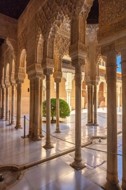 Granada, İspanya - 5 Eylül 2024: The Court of the Lions at the Alhambra complex. Güneşli bir avluda sütunlar ve kemerler. Karmaşık detaylar ve sakin bir atmosfer..