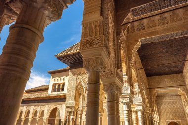 Granada, İspanya - 5 Eylül 2024: The Court of the Lions at the Alhambra complex. Tarihi bir sarayın doğu taş kolonları ve kemerleri güneş ışığıyla yıkanmış..