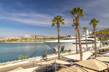 Malaga, İspanya - 12 Eylül 2024: Güneşli bir limana yanaşan lüks yat, gezinti güvertesinde palmiye ağaçları, arka planda şehir silüeti.
