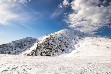 Mavi gökyüzünün altındaki karla kaplı dağ zirvesi. Velky Krivan zirvesi Mala Fatra Ulusal Parkı, Slovakya, Avrupa.