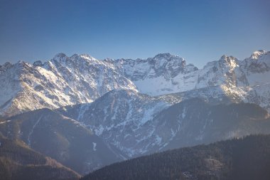 Polonya, Avrupa 'daki Zakopane kasabasının yukarısındaki Tatra Dağları. Karla kaplı zirveler, berrak bir gökyüzü altında görkemli bir şekilde yükselir ve kışın dağlık arazinin doğal güzelliğini gözler önüne serer..