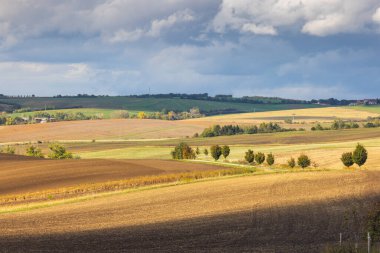 Güney Moravya, Çek Cumhuriyeti, Avrupa 'da. Parçalı bulutlu bir gökyüzünün altında sonbaharda yuvarlanan tarlalar. Zengin toprak tonları manzarayı sonbahar renkleriyle boyar, gölgeler derinlik katar..