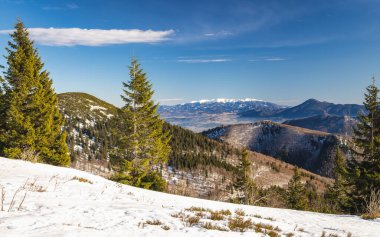 Görkemli dağ sıraları, karlı tepeler, kış harikalar diyarı. Slovakya, Avrupa 'daki Mala Fatra Milli Parkı' ndan görüntü.
