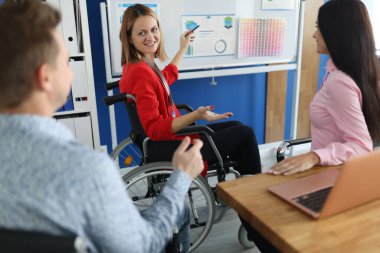 Tekerlekli sandalyedeki kadın çalışanlar için iş konferansı düzenliyor.