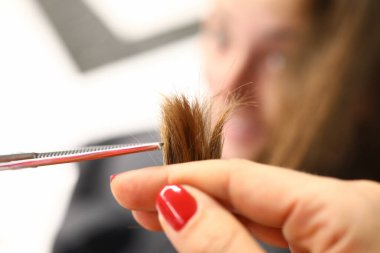 Ustanın eli, saç ve makasın uçlarını tutar..