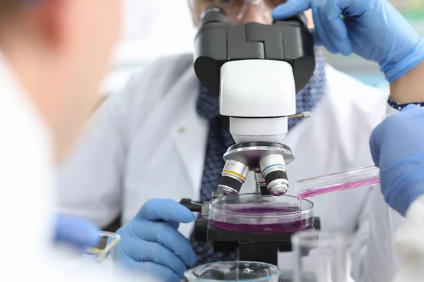 Ученый в очках и резиновых перчатках смотрит в микроскоп, где розовая жидкость наливается крупным планом — стоковое фото