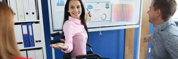 Young woman in wheelchair teaches group of business people at blackboard in office