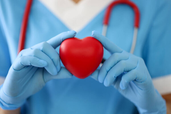 Doctor in gloves holds a red heart closeup
