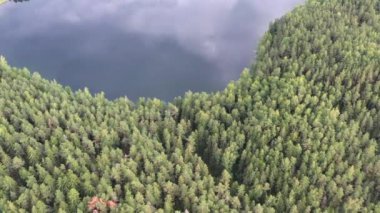 İnsansız hava aracı orman ve göl üzerinde uçuyor.