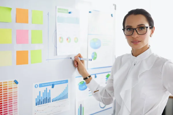 Woman business consultant stands near blackboard with business charts.