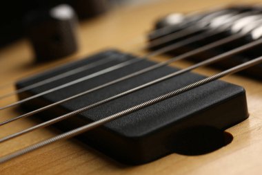 Fretboard 'daki gitar telleri yakın plan. Gitar eğitimi kursları