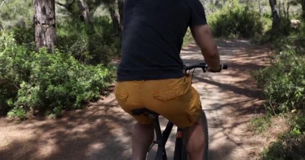 Junger Mann fährt Fahrrad auf Waldweg, Rückansicht 4k Film — Stockvideo